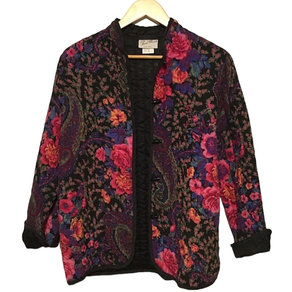 VINTAGE sz Quilted Medium Jacket Blazer Floral Mandarin Collar Pink Black